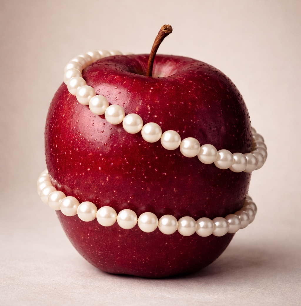 Czerwone jabłko oplecione perłami, symbol tego, że coś zwyczajnego może stać się czymś nadzwyczajnym