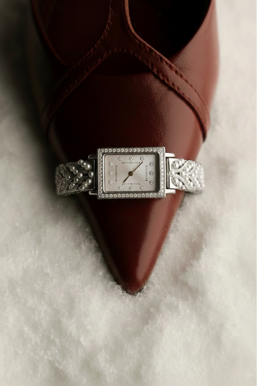 Ekskluzywny zegarek na brązowej szpilce na śniegu